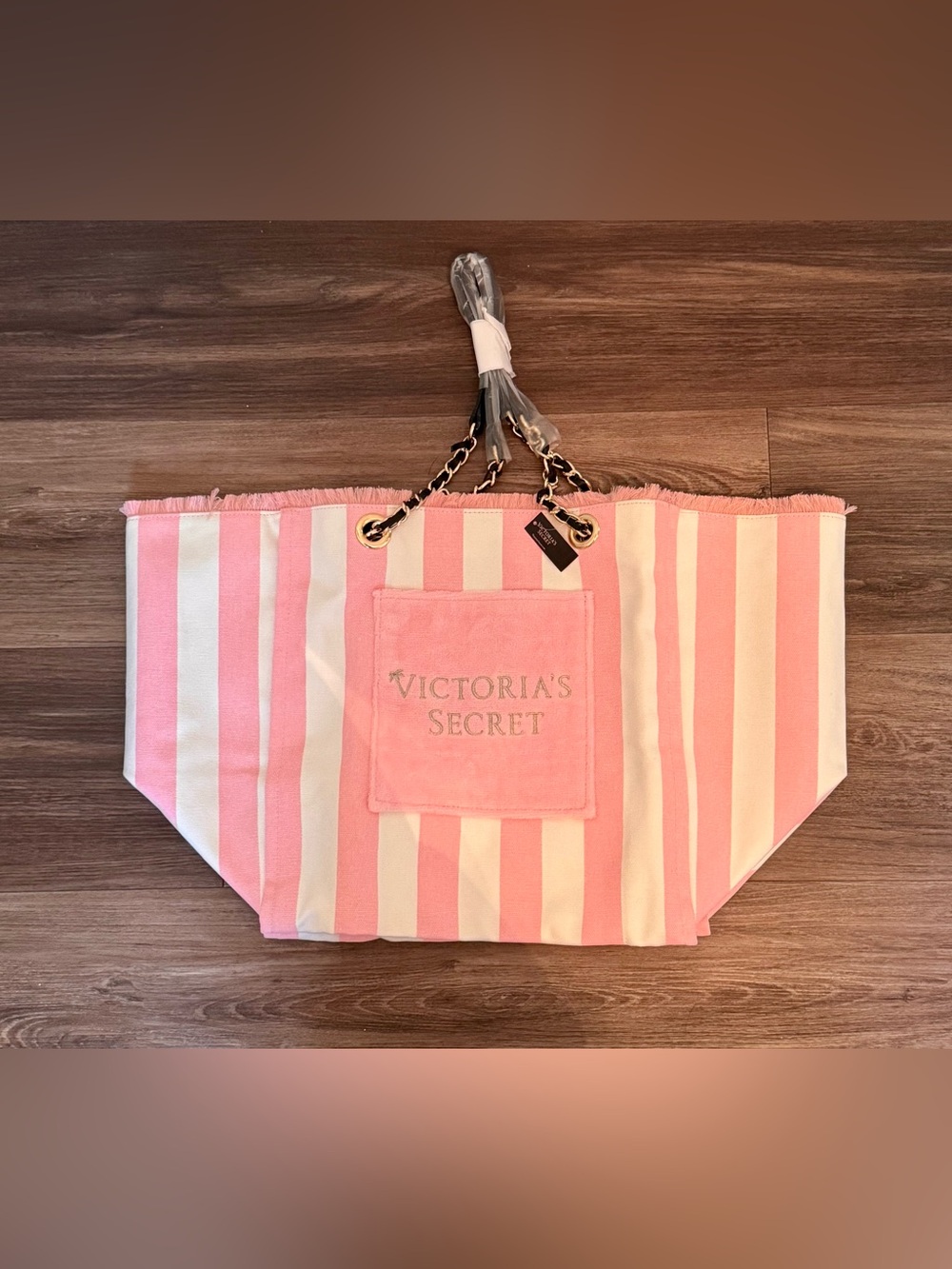 New Victoria's Secret Pink & White Stripe Tote Bag Chain Handle Beach Weekend